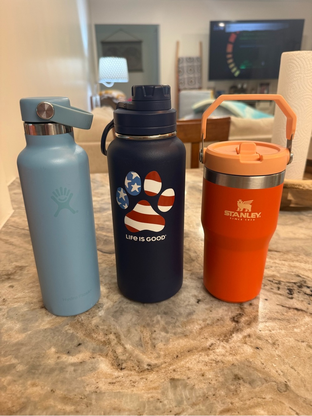 1 Orange Stanley, 1 Light Blue Hydro Flask &  1 Dark Blue LIG Stainless Bottle